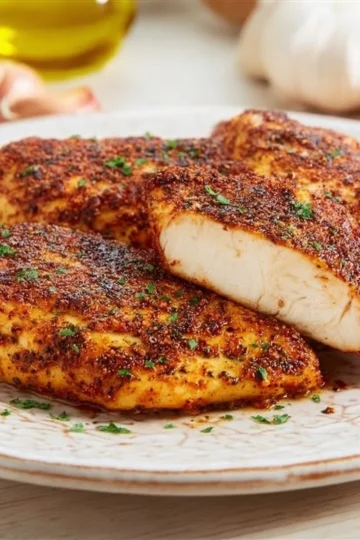Juicy air fried chicken breasts served with vegetables