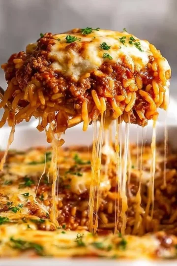 Delicious baked spaghetti topped with cheese and herbs, ready to serve.