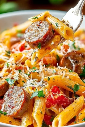 Delicious Cajun Sausage Pasta with spicy sausage and vibrant sauce