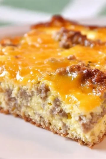 Delicious Cheesy Sausage Breakfast Casserole baked and ready to serve.