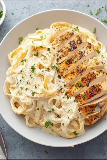 Delicious plate of Chicken Alfredo with fettuccine and grilled chicken