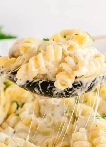 Delicious Chicken Alfredo Pasta Bake topped with cheese and herbs.