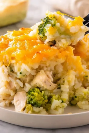 Delicious Chicken Broccoli Rice Casserole served in a baking dish