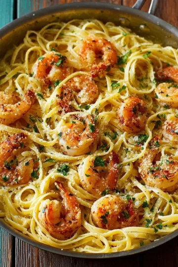 Delicious creamy garlic shrimp pasta topped with parsley