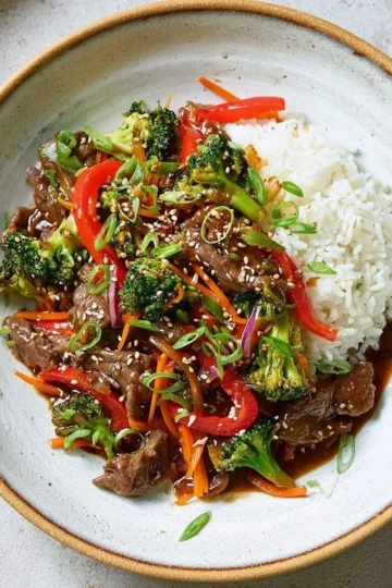 Delicious easy beef stir fry with colorful vegetables in a skillet