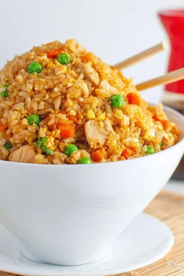 Delicious homemade better-than-takeout chicken fried rice served in a bowl