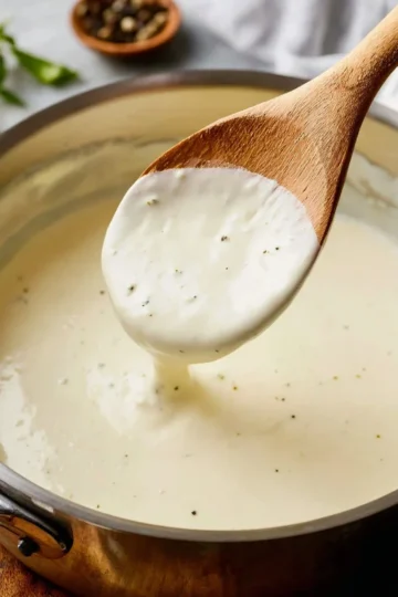 A bowl of creamy homemade Alfredo sauce served with fettuccine pasta.