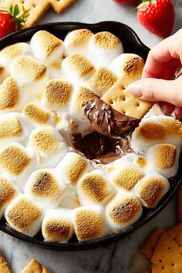 Delicious S'mores Dip with melted chocolate, marshmallows, and graham crackers