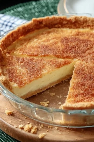 Southern buttermilk pie, a creamy dessert served in a pie crust, topped with a sprinkle of nutmeg.