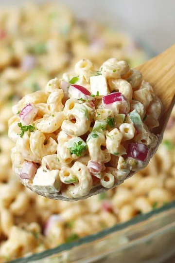 Delicious Southern macaroni salad with colorful vegetables and creamy dressing