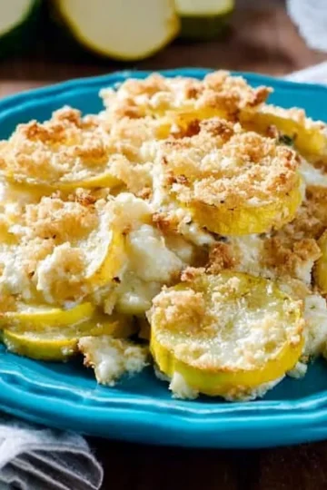 Delicious Southern squash casserole fresh out of the oven in a baking dish