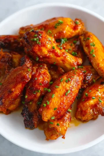 Delicious spicy glazed chicken wings served on a platter.