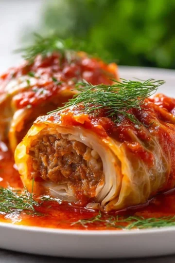 Delicious stuffed cabbage rolls filled with meat and rice, served on a plate.