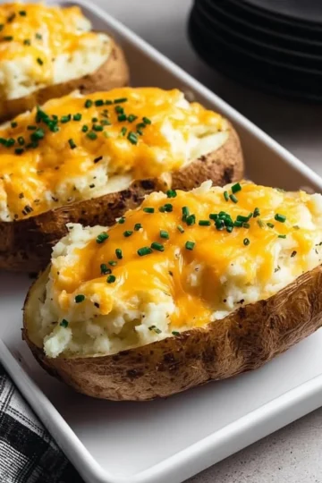 Delicious twice baked potatoes topped with cheese and herbs.