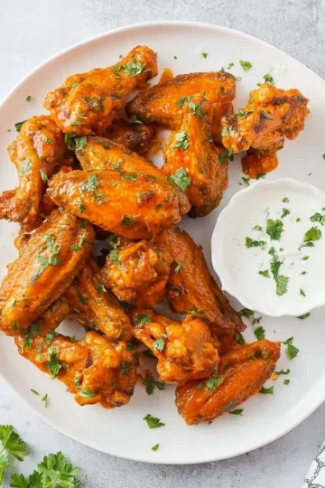 Crispy Air Fryer Buffalo Chicken Wings served with dipping sauce