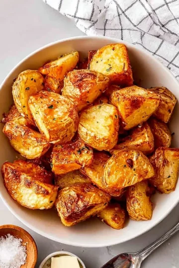Crispy air fryer roast potatoes served in a bowl with herbs