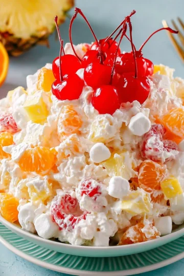 Plate of Ambrosia Salad featuring fruits and marshmallows