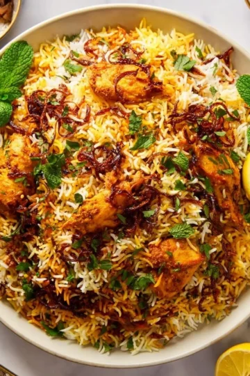 A serving of authentic chicken biryani garnished with herbs and spices.