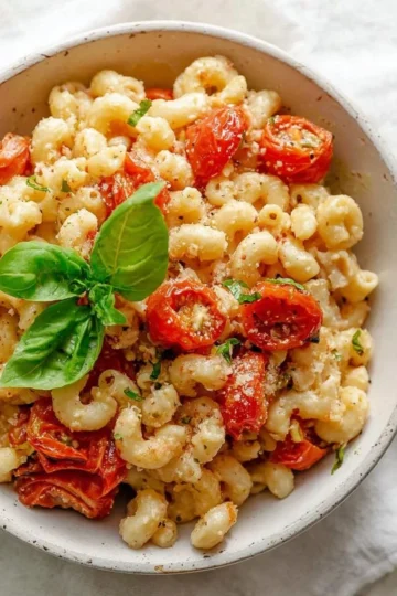 Baked Feta Tomato Pasta dish served in a bowl with fresh herbs.