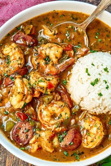 Bowl of traditional gumbo with shrimp and sausage on a wooden table