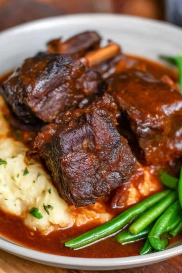 Delicious braised beef short ribs served on a plate with garnishes