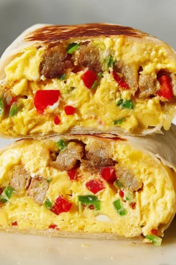 Delicious breakfast burrito filled with eggs, cheese, and fresh ingredients.