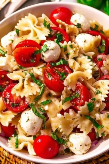 A vibrant bowl of Caprese Pasta Salad with tomatoes, basil, and mozzarella cheese.