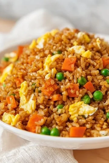 Cauliflower egg fried rice served in a bowl with vegetables and herbs