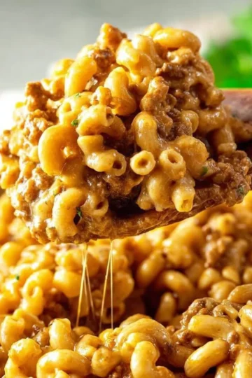 Delicious Cheeseburger Casserole served in a baking dish with toppings