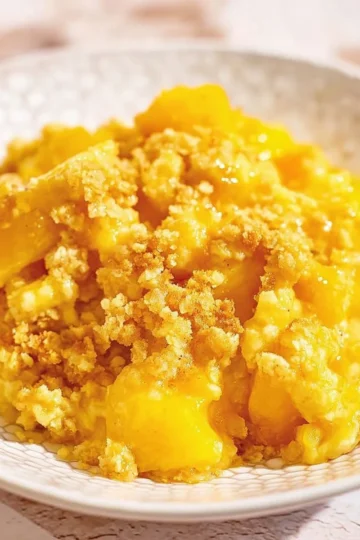 Delicious cheesy pineapple casserole served in a dish, perfect for gatherings.