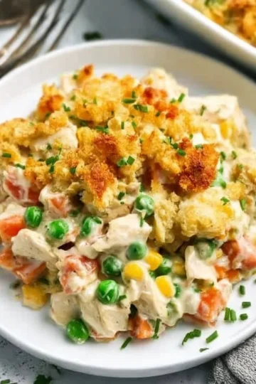 Delicious Chicken Stuffing Casserole topped with golden brown stuffing and herbs