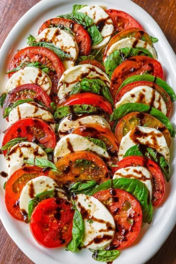 Classic Caprese salad with tomatoes, mozzarella, basil, and balsamic drizzle.
