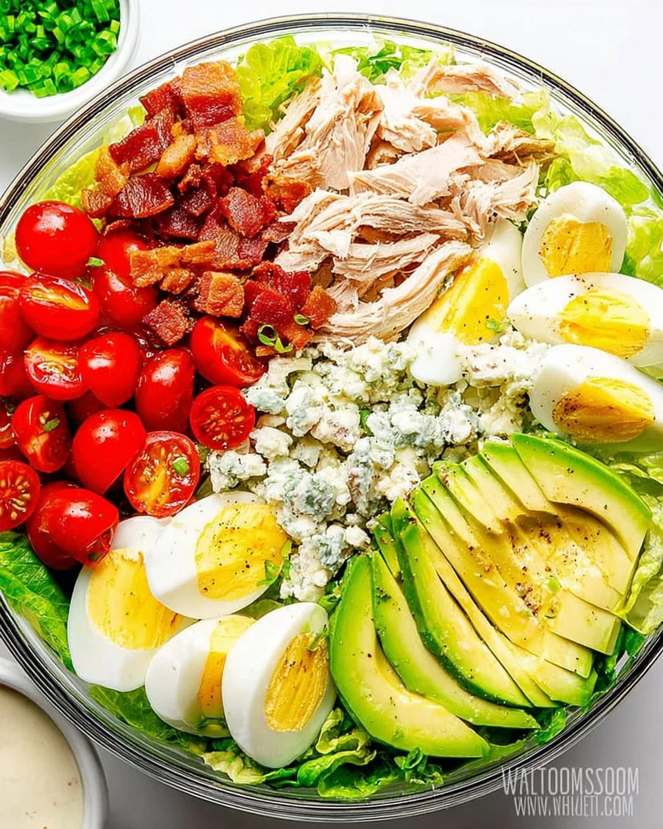 A colorful Cobb Salad with greens, bacon, chicken, and avocado arranged beautifully.