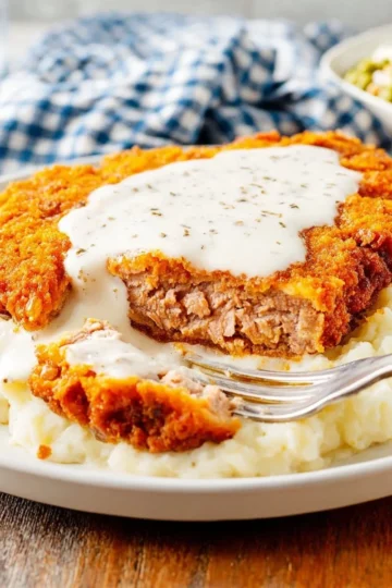 Delicious Country Fried Steak served with creamy gravy and sides.
