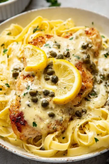Creamy Lemon Chicken Piccata with fresh herbs and lemon slices