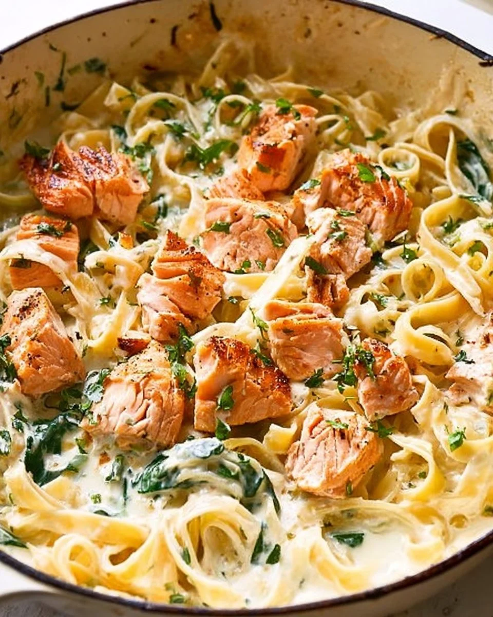 Creamy Salmon Pasta with Mixed Greens