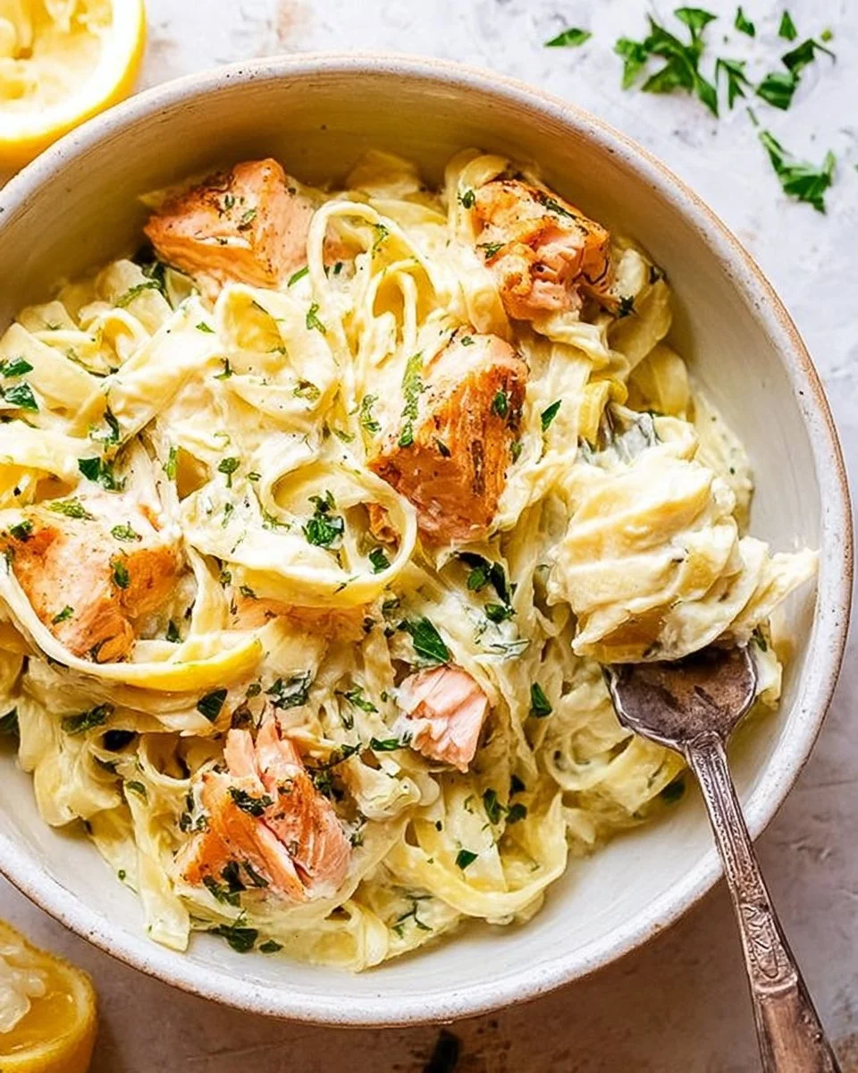 Creamy Salmon Pasta with Mixed Greens
