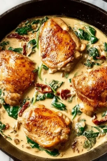 Delicious creamy Tuscan chicken served with fresh herbs and pasta