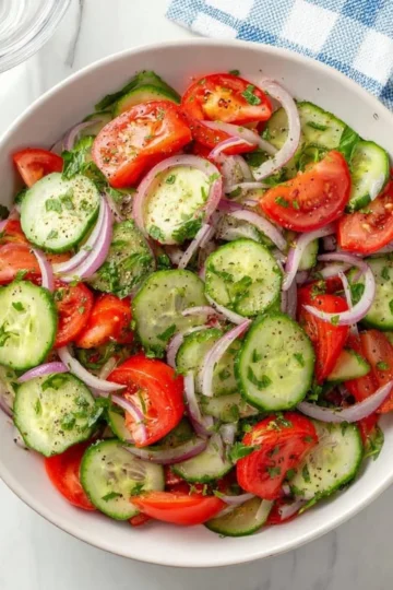 Fresh Cucumber Tomato Salad with herbs and dressing in a bowl