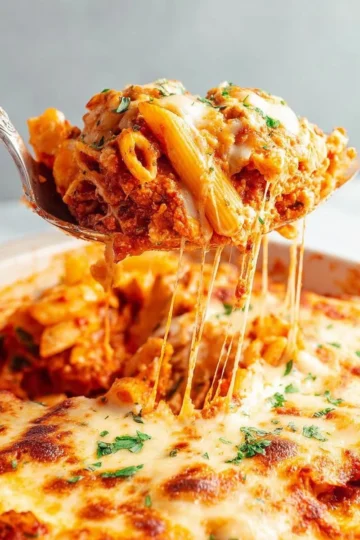 Delicious easy baked ziti with cheese and marinara sauce