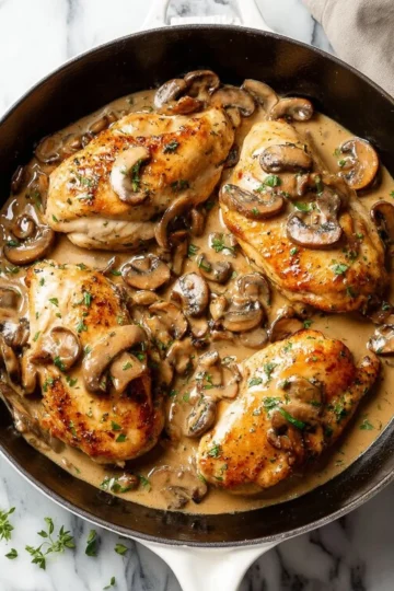 Delicious easy chicken marsala served on a plate with mushrooms and wine sauce