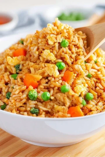 Delicious plate of easy fried rice with vegetables and eggs