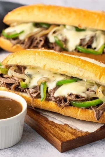 Delicious homemade Philly cheesesteak on a toasted hoagie roll