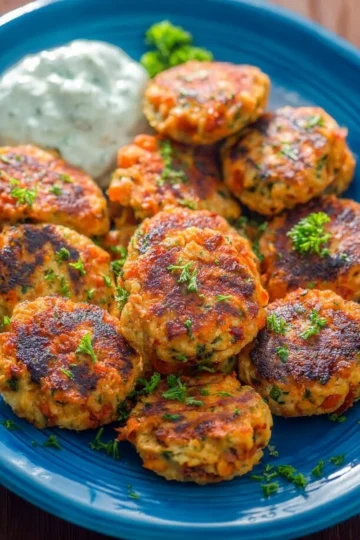 Delicious and easy salmon patties served on a plate with sauce.