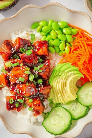 Delicious easy teriyaki salmon bowls served with rice and vegetables