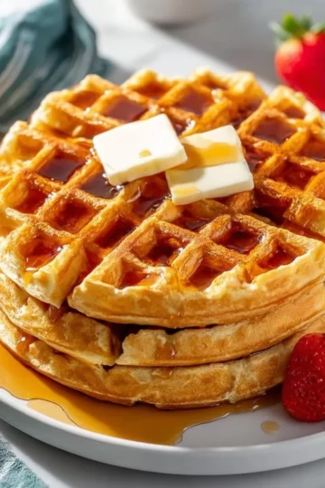Fluffy waffles topped with syrup on a plate
