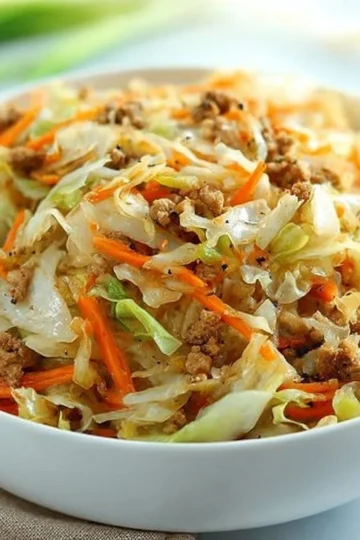 A tasty egg roll in a bowl dish with colorful vegetables and savory ingredients.