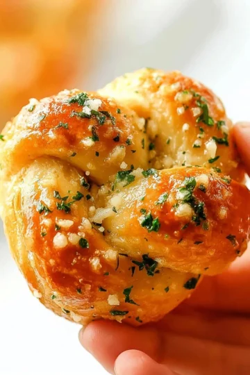 Freshly baked garlic knots with melted butter and parsley on a wooden board.