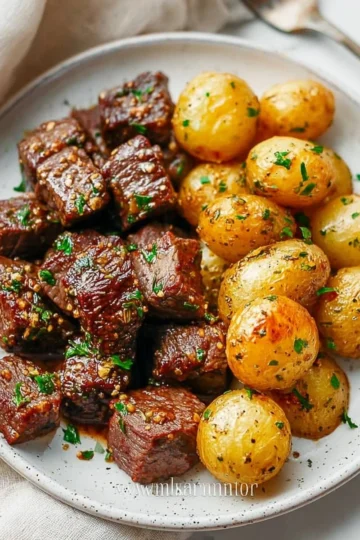 Delicious garlic steak bites served with golden crispy potatoes