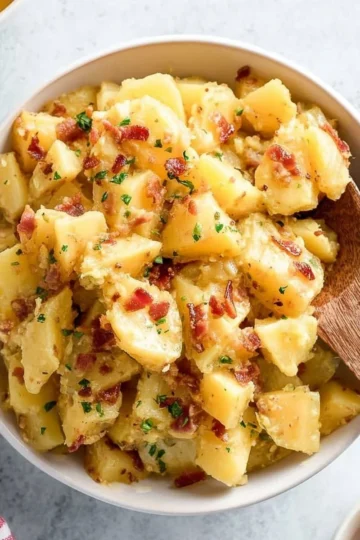 Traditional German Potato Salad with bacon and herbs served in a bowl